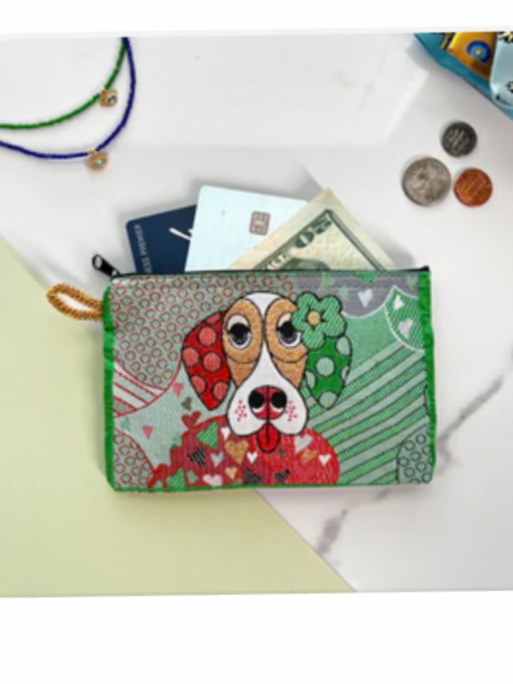 Colorful Dog Print Zip Pouch - Green & Red